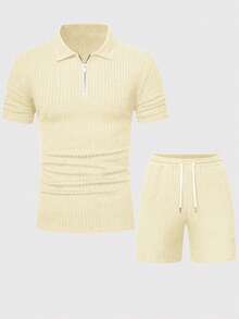 Genlund 男士休闲纯色短袖 Polo 衫和短裤两件套 - 米色 - 查看 3