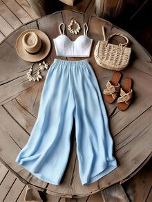 SHEIN Franclia Women's Casual Comfortable Versatile Vacation Wear Elastic Waist Wide Leg Denim Blue Pants, Spring/Summer - Baby Blue - View 2