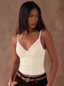 SHEIN BAE Women's Solid Color Lace Patchwork Fitted Elegant Fashion Camisole Top - Apricot - View 4