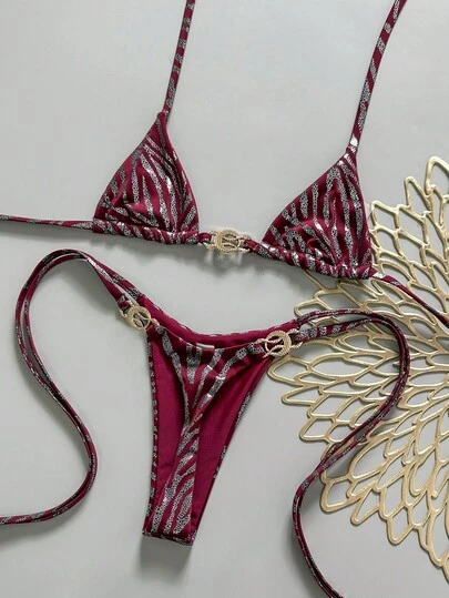 Swim Vcay 2-Piece Zebra Print Textured Metallic Halter Bikini Set With Criss-Cross Side Tie Bottoms, Sexy Swimsuit For Spring/Summer Beach Vacation