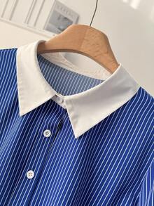 SHEIN CURVE+ Plus Size Women Plus Size Blue Striped Plus Size Blue Shirt Versatile Daily Shirt/2026 /New Year - Blue and White - View 3