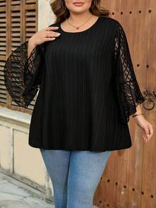 SHEIN CURVE+ Curve 尺码 US22 音乐节、海滨度假、波西米亚纯色宽松蕾丝薄纱袖长袖衬衫 - 黑色 - 查看 7