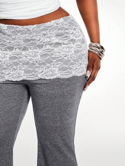 Radiana 大码女装春夏时尚休闲基础款蕾丝撞色拼接喇叭裤