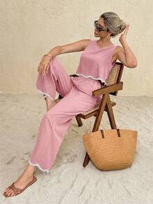 Frenchy Conjunto de 2 piezas de camiseta sin mangas y pantalones con ribete de contraste para vacaciones casuales de mujer - Rosa - Ver 4
