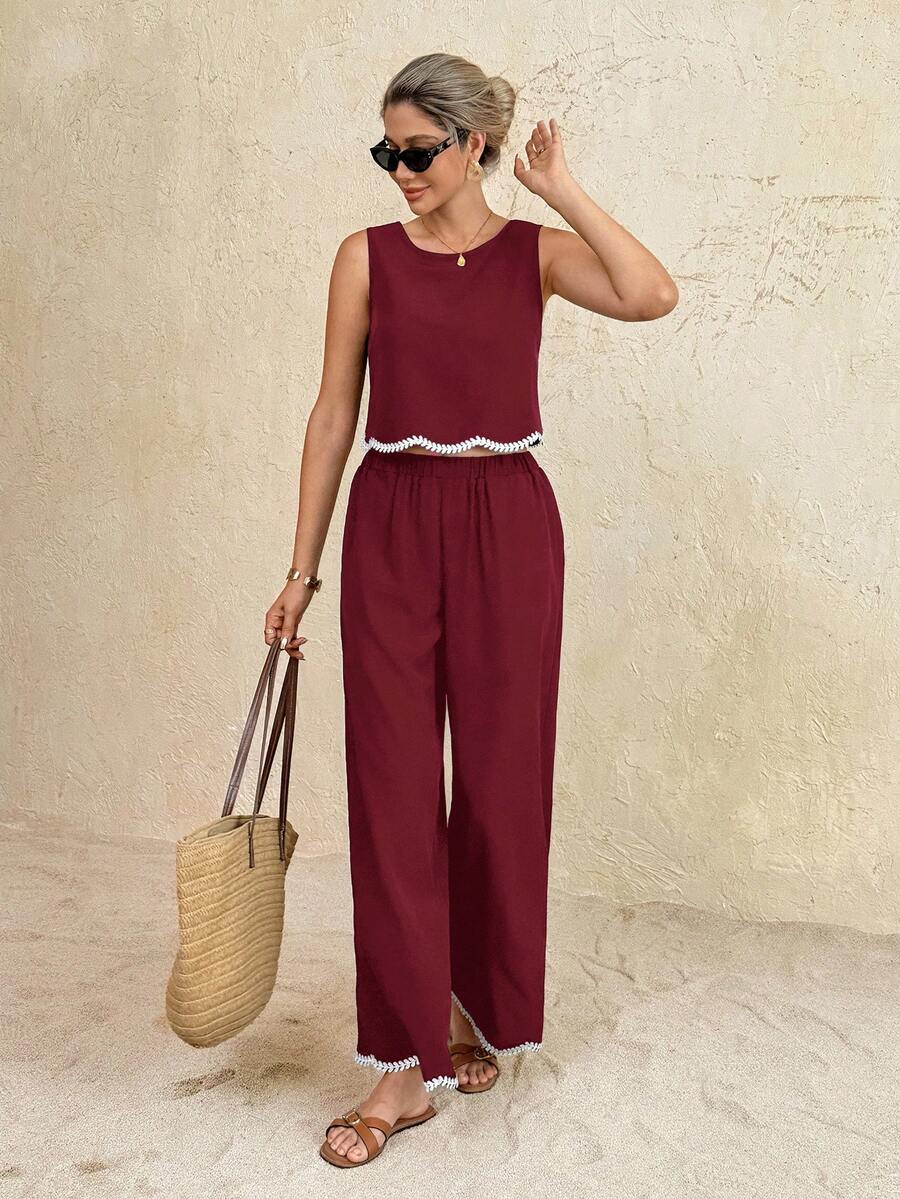 SHEIN Frenchy 女士弧形下摆圆领背心和裤子两件套 - 酒紅色 - 查看 1