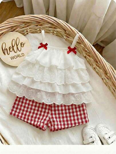 Baby Girls Cute Spaghetti Strap Tiered Layer Tank Top And Plaid Shorts Co-Ords Set Multicolor Polyester Regular Length