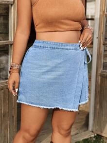 Breezaya Plus Size Women's Vintage Washed Denim Mini Skirt, Spring/Summer - Light Wash - View 3