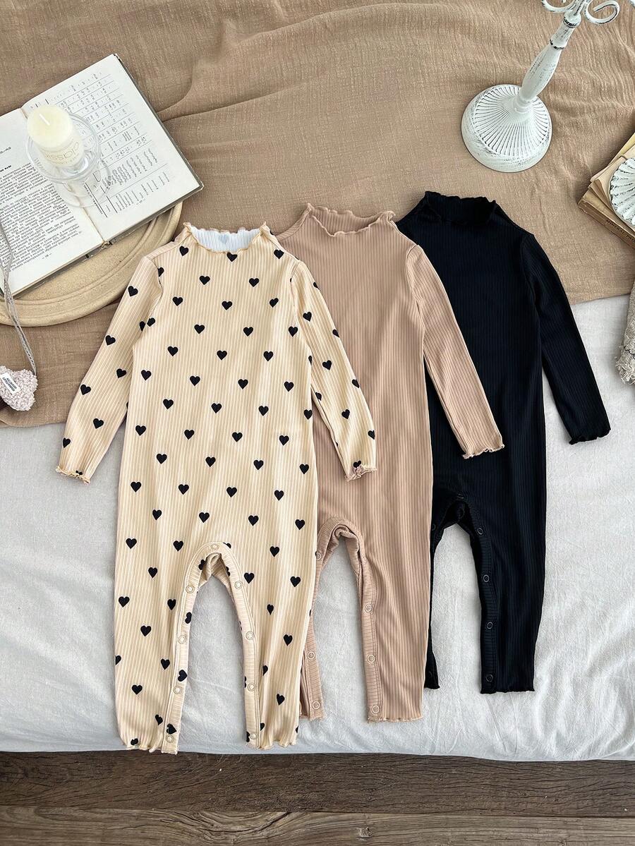 SHEIN LMoss Kids Conjunto de 3 piezas de pelele de punto elástico con estampado de lunares de manga larga para bebé niña recién nacida, otoño/invierno - Multicolor - Ver 1