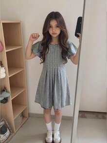 SHEIN Girls Plus Size Denim Dress, Casual Comfortable Cute Washed Soft Vacation Fashion Sleeveless Ruffle Hem Pleated Design Lightweight Summer - Blue - View 6