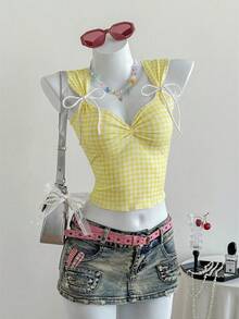 SHEIN EZwear 格子系带心形领修身露脐背心（女款） - 黃色 - 查看 7
