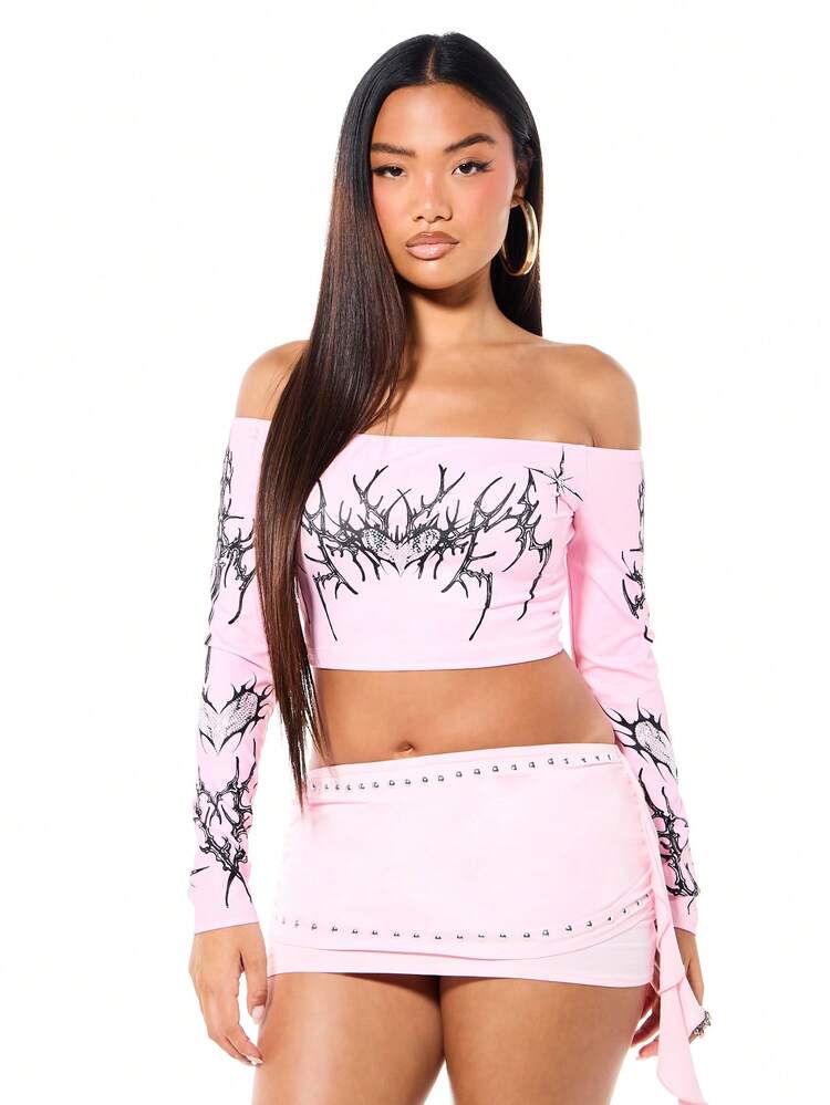 SUMWON Barbed Wire Off Shoulder Crop Top
