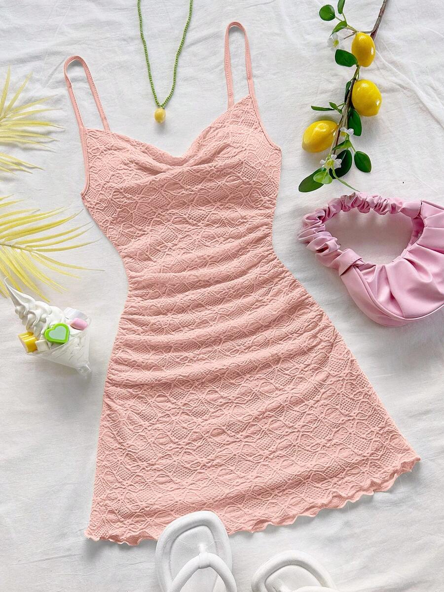 Soleia Spaghetti Strap Ruched Backless Mini Dress, Light Yellow, Suitable For Holiday, Date, Valentine's Day, Afternoon Tea, Vacation, Music Festival, Bohemian - Pink - View 1