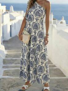 Balvessa Spring/Summer New Asymmetric Shoulder Collar Ruffle Hem Slit Digital Print Fitted Casual Elegant Dress For Women - Multicolor - View 1