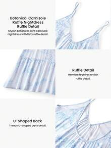 LUVLETTE 浅蓝色人造丝度假风花卉图案蝴蝶结系带吊带睡裙，女士睡衣，轻盈吊带裙，新娘内衣及睡衣，女士内衣，春夏睡衣连衣裙 - 藍色 - 查看 3