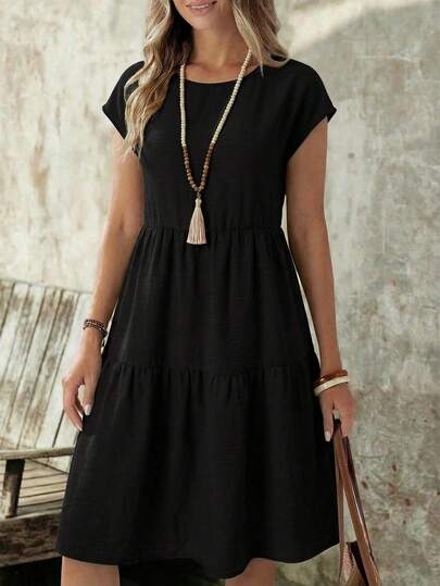 EMERY ROSE Vestido casual de mujer de manga corta, cuello redondo y longitud media, con aspecto de lino verde, para primavera/verano