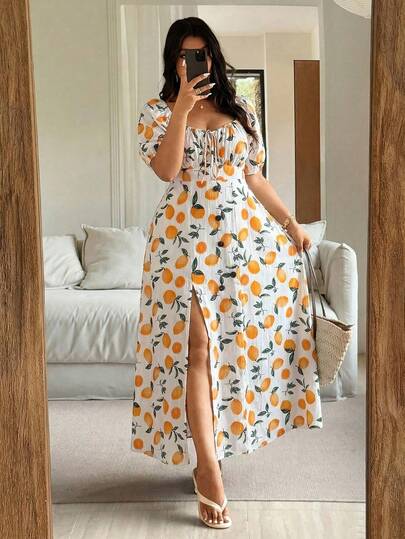 Vionelle 大码女式柠檬图案纹理面料方领草莓抽绳泡泡袖A字中长连衣裙，侧开衩