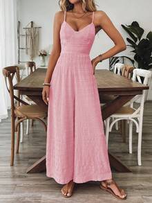 Breezaya Bộ jumpsuit nữ cổ chữ V hở lưng thắt nơ, màu đỏ hồng, thích hợp cho mùa xuân/hè. - Hồng - Xem 3