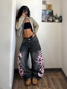 StreetHx 女士休闲百搭日常穿着火焰图案口袋纽扣牛仔阔腿裤 - 黑色 - 查看 5