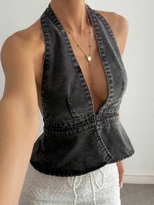 Livesso Áo croptop nữ dáng rộng, thắt eo, hở lưng, dây mảnh, phong cách đường phố, mùa xuân/hè. - màu đen - Xem 5