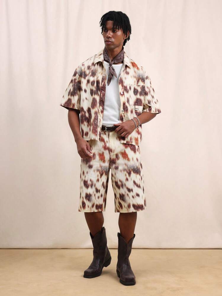 SUMWON Mens Oversized Tie Dye Denim Button Down Shirt With Point Collar Short Sleeve Casual Streetwear Summer Spring