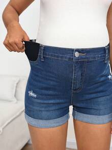 SHEIN Pantalones cortos vaqueros desgastados y lavados de estilo casual de maternidad para el verano, disfraz de carnaval de verano, uso diario, vacaciones, graduación, elegante, estilo Y2K, lindo, fiesta, boda, casual de negocios, vestido vaquero de mujer de talla grande con cuello de barco, manga corta, cintura elástica, longitud mini, casual y cómodo - Azul - Ver 7