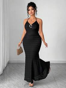 Elenzga Robe mi-longue élégante sans manches à col ras-du-cou avec ceinture à la taille, décoration métallique, tissu texturé, pour femmes grandes tailles, printemps/été - Noir - Voir 3