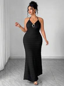 Elenzga Robe mi-longue élégante sans manches à col ras-du-cou avec ceinture à la taille, décoration métallique, tissu texturé, pour femmes grandes tailles, printemps/été - Noir - Voir 5