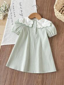 SHEIN Vintaside Kids 2026 SS Summer Baby Girl Cute Casual Pastoral Floral Embroidered Plaid Dress, Soft & Comfortable Fabric, Travel Essential - Green - View 3