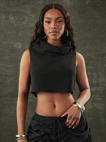 Denimoi High Neck Sleeveless Crop Top Fold Over Neck Top Fashionable GNO Date Night - Black - View 3