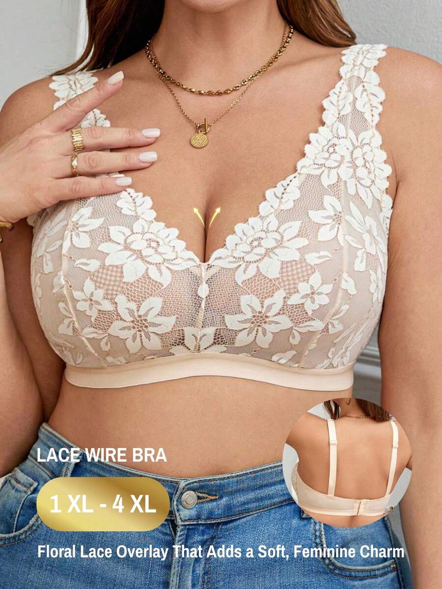 Sujetador sin aros de encaje verde sexy y cómodo de talla grande, 1 pieza de lencería sexy, levantamiento - Albaricoque - Ver 1