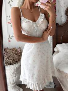 SHEIN Women's Romantic Floral Bow Tie Fitted Nightgown - Multicolor - View 2