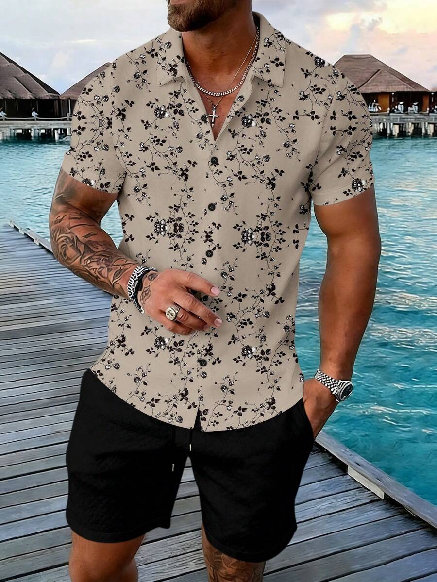Manfinity RSRT 男士印花短袖衬衫和短裤休闲度假套装 - 彩色 - 查看 1