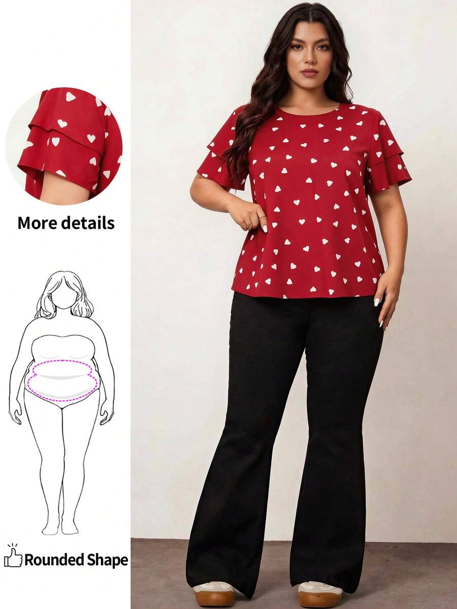 Enliva 曲线加大码女式心形印花圆领荷叶边袖休闲衬衫，情人节，女士度假装，情人节服装，心形，情侣，女士外出上衣，商务休闲女装，夏季，可爱衬衫，办公室 - 紅色 - 查看 1