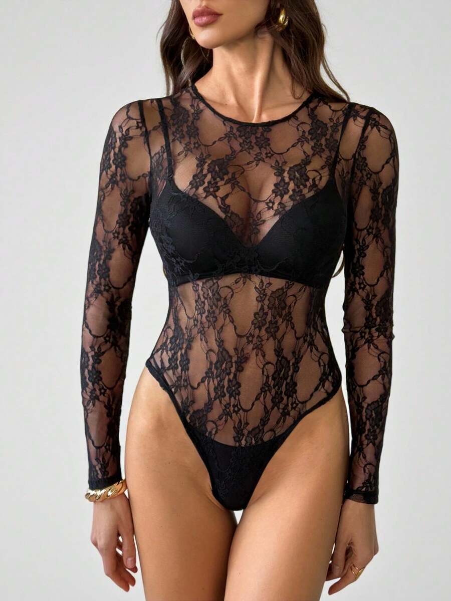 SHEIN Tall 薄纱蕾丝连体衣，不含胸罩。