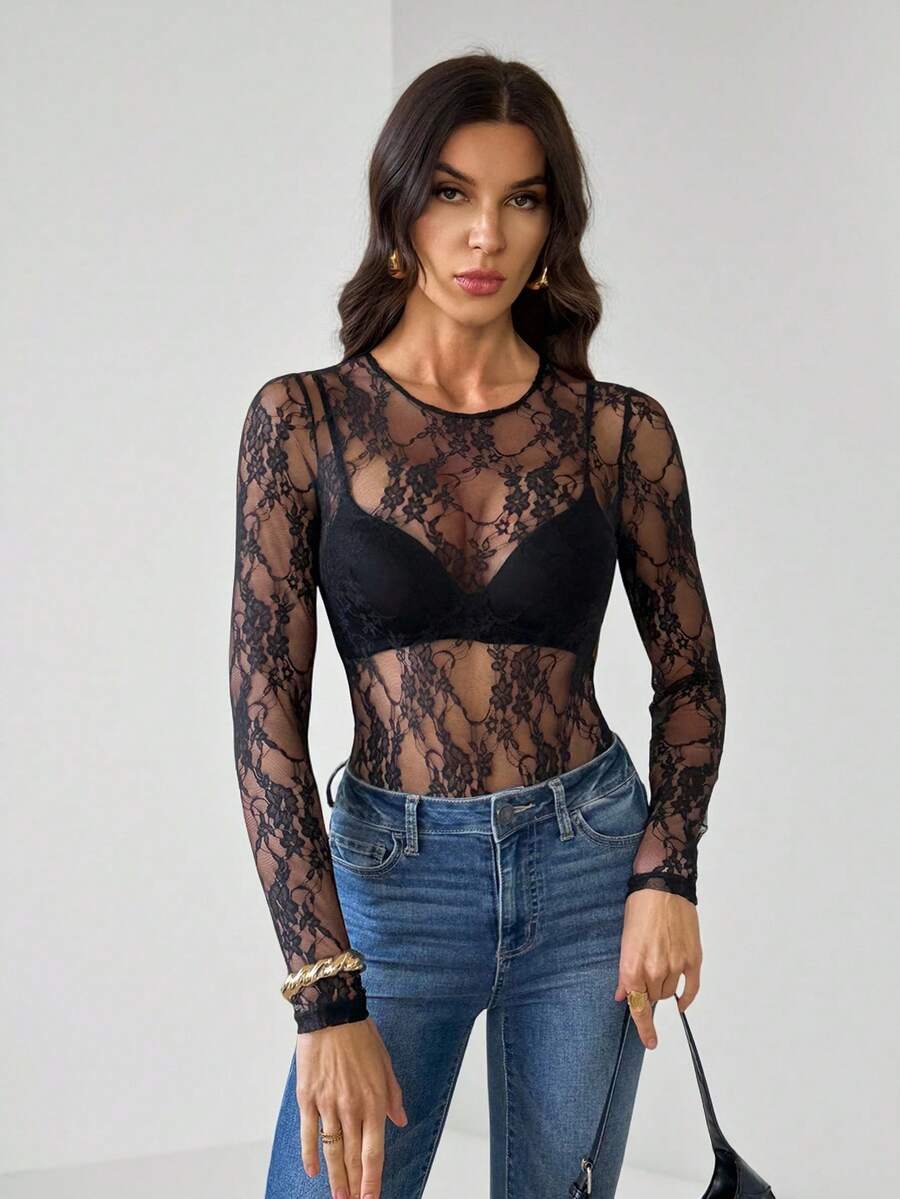 SHEIN Tall 透視蕾絲連身衣，不含內衣，長袖蕾絲連身衣，適合高個女性