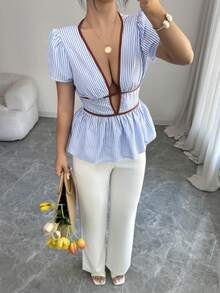 SHEIN Elenzya Elegant Summer Vacation Holiday Blue Striped Plunging Neck Sexy Hollow Out Women Blouse - Blue - View 4