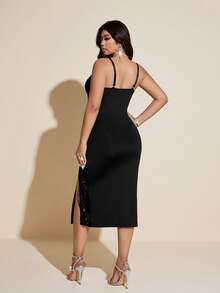 Viva Relle 大码女式黑色蕾丝性感镂空弹力针织连衣裙，百搭叠穿，适合派对、特殊场合、优雅场合、正式场合、大码女式连衣裙、约会之夜、曲线身材等各种场合。 - 黑色 - 查看 2