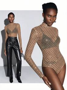 Maija Áo liền thân lưới xuyên thấu đính đá lấp lánh dành cho nữ - Màu Khaki - Xem 4