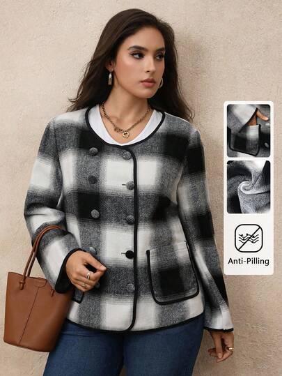 Juhart Abrigo largo de mujer talla grande de tejido regular, elegante y apropiado para ir al trabajo, de doble botonadura, con contraste de cuadros blanco y negro, de manga larga, para otoño/invierno