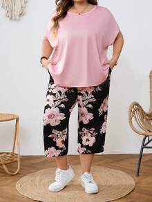 SHEIN CURVE+ Plus-Size Women's Pink Raglan Top T-Shirt And Floral Print Pants, A Two Pieces Set Suitable For Spring And Summer - Multicolor - View 7