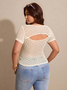 Elaquor 大码夏季休闲百搭金属扣杏色女式T恤 - 杏色 - 查看 2