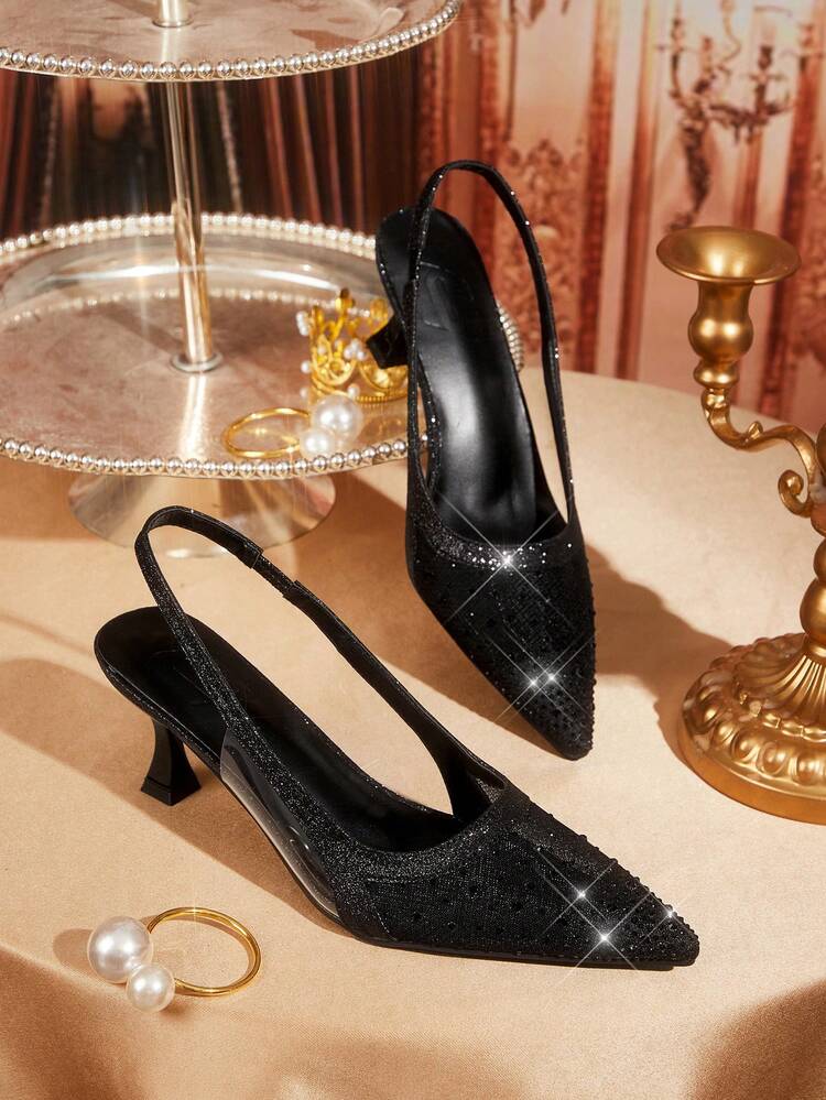 CUCCOO TILAWA Women Shoes Women's Fashion Pointed Black Rhinestone Mesh Splicing Fashion Party Dinner Gorgeous Sexy Kitten Heel Women's High Heel Shoes Slingback Shoes