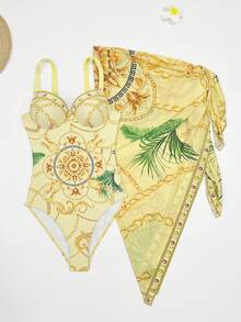 Swim Vcay 印花细肩带聚拢连体泳衣，带钢圈，搭配打结迷你裙套装 - 彩色 - 查看 3