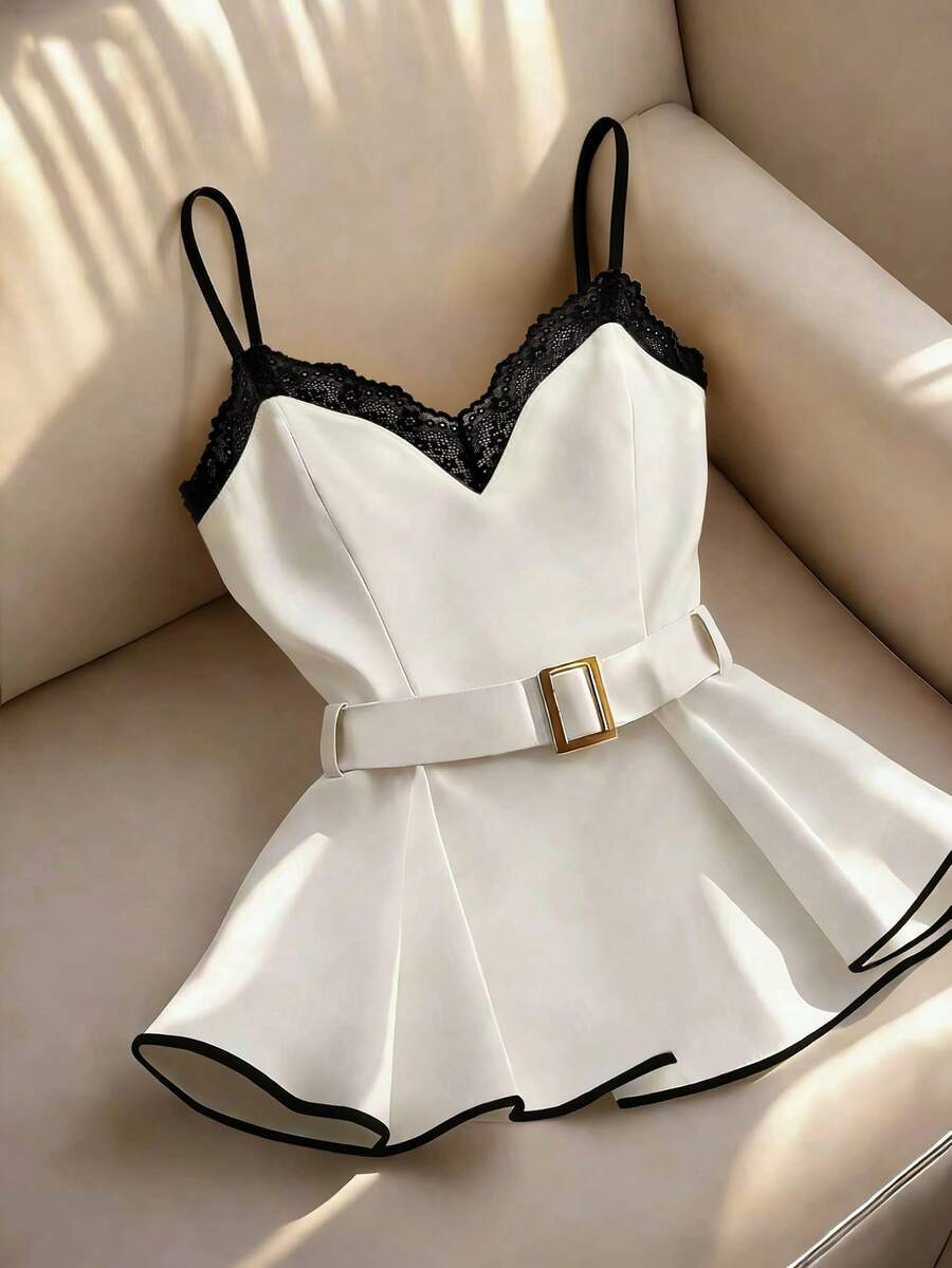 Franclia 女士优雅时尚简约百搭撞色蕾丝吊带下摆吊带背心，夏季