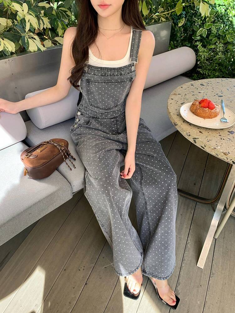 Women's Loose Casual Vintage Washed Gray Polka Dot Print Outdoor Straight Leg Jeans With Large Pockets, Fashionable Street Style, Suitable For Spring & Summer