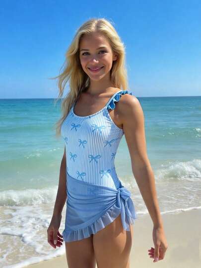 SHEIN Costume da bagno intero per ragazze adolescenti, costume da bagno a righe verticali blu con fiocco in tessuto a maglia, con spalline, orlo con volant e gonna in rete, adatto per nuotare, vacanze estive, spiaggia, piscina, feste