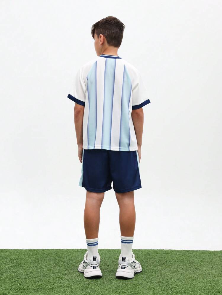 Boys Argentina Style Soccer Jersey And Shorts Set Light Blue White Striped Football Kit With Number 10 Print V Neck Short Sleeve Outfit , World Cup