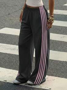 Muchica Dark Grey Knit Patchwork Pink Ribbon Loose Casual Women Sweatpants - Dark Grey - View 3