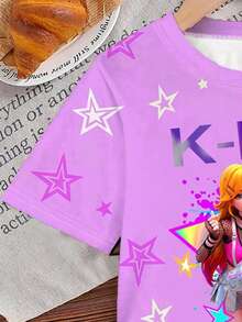1pc Young Girl Cute Girl Group Purple Floral Heart Allover Print Loose Fit Graphic Tee,Summer School Streetwear Valentine's Day Gift For Girls,Tops - Purple - View 4