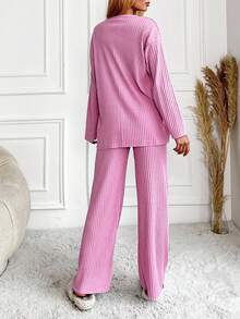 Loomlin 100%Cotton Letter Graphic Ribbed Knit Lounge Set - Pink - View 2